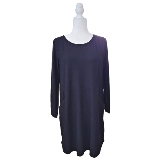 Eileen Fisher Solid Black Viscose Knit Round Neck Dress with Pockets Small S - Picture 1 of 10